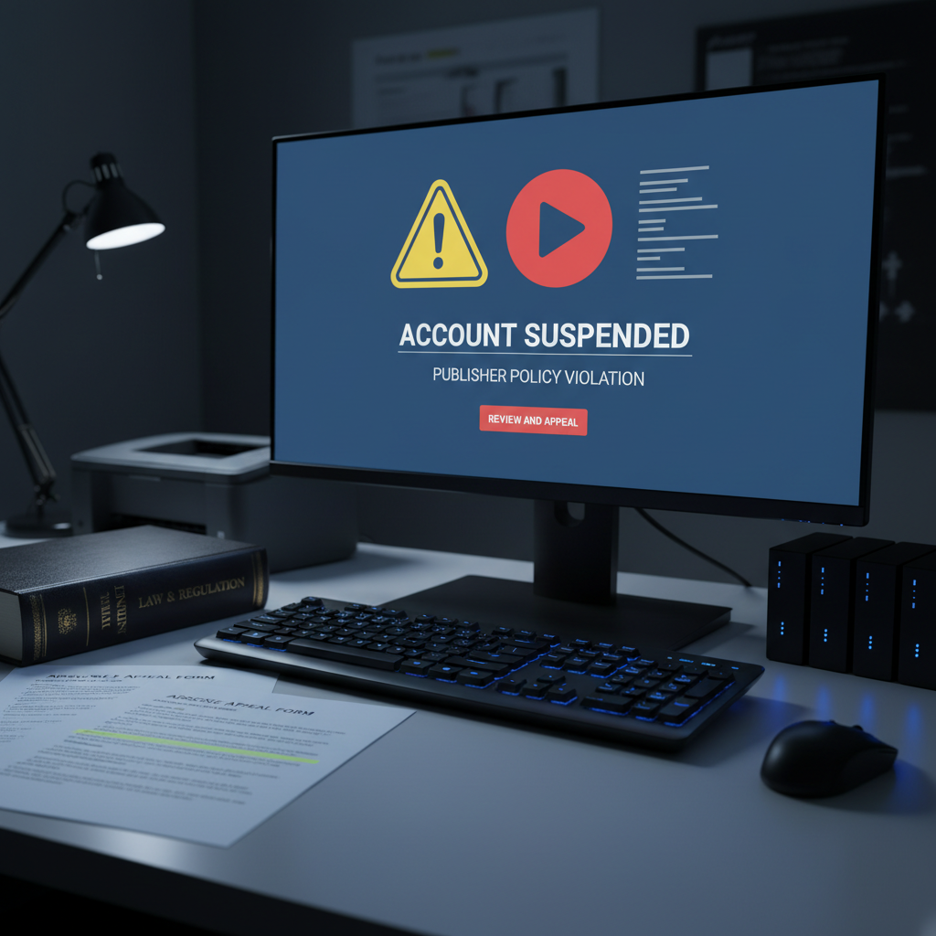 A dramatic photographic scene of a computer monitor showing a large, stylized warning symbol next to a red play-button icon, representing an AdSense suspension notice, without readable personal details. The screen glows in a darkened room, its light reflecting off a matte-black keyboard and a neat row of external hard drives. A legal reference book and a printed appeal form with highlighted sections lie on the desk, edges catching the cool blue LED backlight from the monitor. Shot from a low angle with focused depth of field, the background fades into soft bokeh of abstract office equipment. The mood is serious yet hopeful, conveying the technical and legal precision of appeal guidance in a clean, modern photographic style.