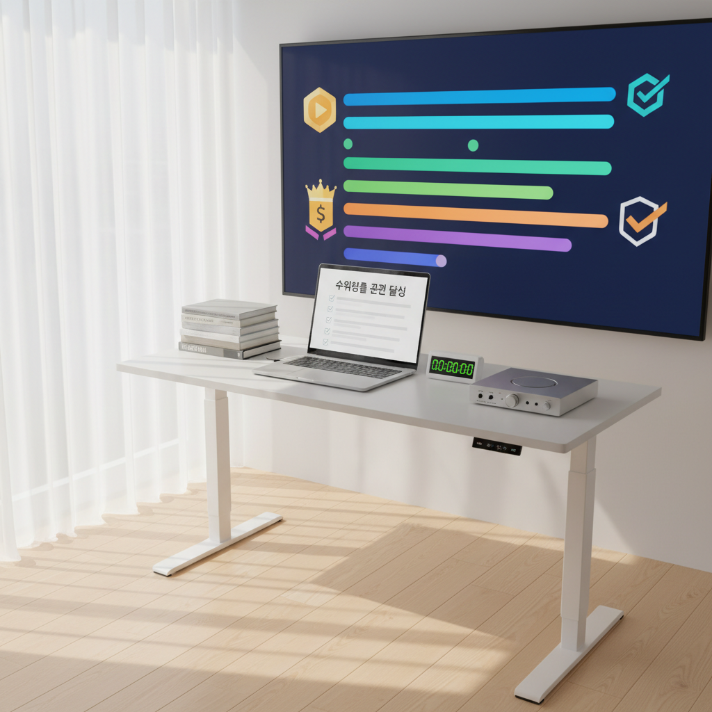 A bright, motivating workspace showing a large wall-mounted screen filled with colorful progress bars and milestone badges symbolizing YouTube monetization achievements, all abstracted with simple shapes and icons. Below, on a white standing desk, a slim laptop displays a checklist titled "수익창출 조건 달성" in clean Korean typography, without personal data. A small digital timer, a neatly stacked pile of reference books, and a compact USB audio interface complete the scene. Sunlight streams through sheer curtains, creating soft highlights and long, gentle shadows on the wood floor. Photographed at a three-quarter angle with crisp detail and subtle depth, the atmosphere feels organized, aspirational, and professional, aligning with a strategic content creator community.