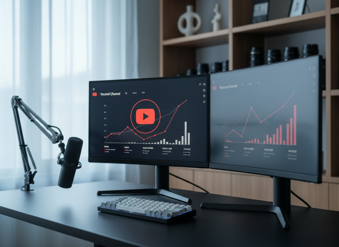 A sleek, ultra-modern dual-monitor desk setup displaying an analytics dashboard of YouTube channel growth, with crisp red and white graphs and a clearly visible play-button icon, all designed as abstract UI elements without any personal data. The monitors sit on a clean matte-black desk with a minimalist mechanical keyboard and studio-grade microphone on an adjustable arm. Cool, diffused light from a large window softly illuminates the scene, creating gentle reflections on the screen edges and desk surface. The background is subtly blurred shelves with neatly arranged camera lenses and neutral decor. Captured at eye level with a shallow depth of field, in realistic photographic style, the mood is professional, focused, and data-driven, perfect for a serious YouTuber community hub.