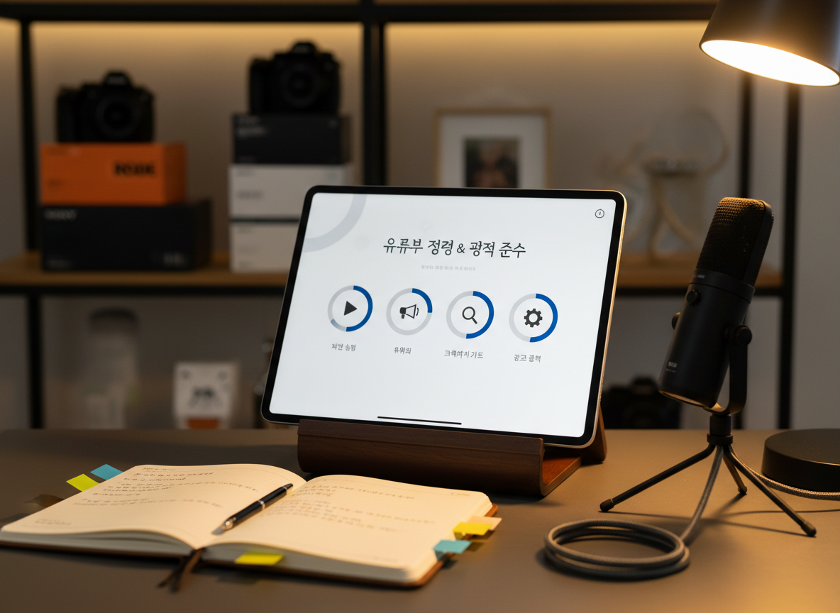 An elegant online learning corner featuring a large tablet on a wooden stand, playing a stylized course interface about YouTube strategy and policy compliance, with modules represented by simple icons, progress circles, and Korean titles. Surrounding the tablet are neatly arranged lecture notes, color-coded sticky tabs, and a slim condenser microphone connected via a braided cable. Warm desk-lamp lighting creates a cozy pool of light on the workspace, contrasting with a darker, softly blurred background of bookshelves holding camera gear boxes and neutral decor. Captured in realistic photographic style from a side angle, the composition uses the rule of thirds and a shallow depth of field to emphasize the tablet screen. The mood is disciplined, studious, and quietly ambitious, reflecting a premium, knowledge-focused YouTuber community lounge.
