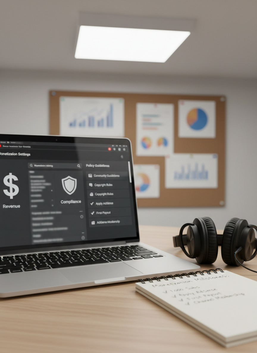 A close-up of a professional YouTube control workspace featuring a high-end laptop displaying a stylized YouTube Studio interface focused on monetization settings and policy guidelines, all rendered as generic icons and text blocks. Beside it rests a notepad with clean, handwritten checklists about monetization milestones, and a pair of over-ear studio headphones on the desk. The surface is a light oak wood, bathed in soft, neutral office lighting from an overhead LED panel, casting subtle shadows. In the blurred background, abstract charts and graphs are pinned to a corkboard. Photographic realism, shot from a slightly elevated angle, with a calm, organized, and authoritative atmosphere that emphasizes trustworthy information sharing.