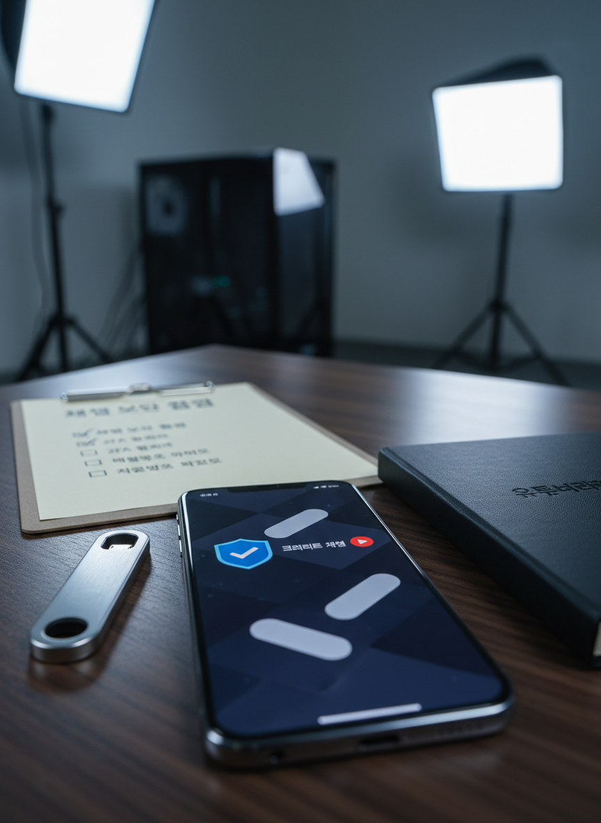 A secure verification-themed scene with a smartphone on a dark walnut desk, its screen displaying a stylized verification badge beside a generic channel name and red play-button icon, all designed as abstract interface elements in Korean. Next to it lies a metal security key, a neatly printed verification checklist, and a branded notebook labeled "유튜버라운지" in subtle embossing. Cool, even overhead lighting highlights the smooth textures of glass, metal, and paper, with faint reflections on the phone’s edges. The background is softly blurred, revealing only suggestive shapes of a computer tower and studio lights. Photographed in close-up macro style with high clarity and shallow depth of field, the mood is trustworthy, precise, and security-conscious, reinforcing the authenticity of a verified YouTuber community.
